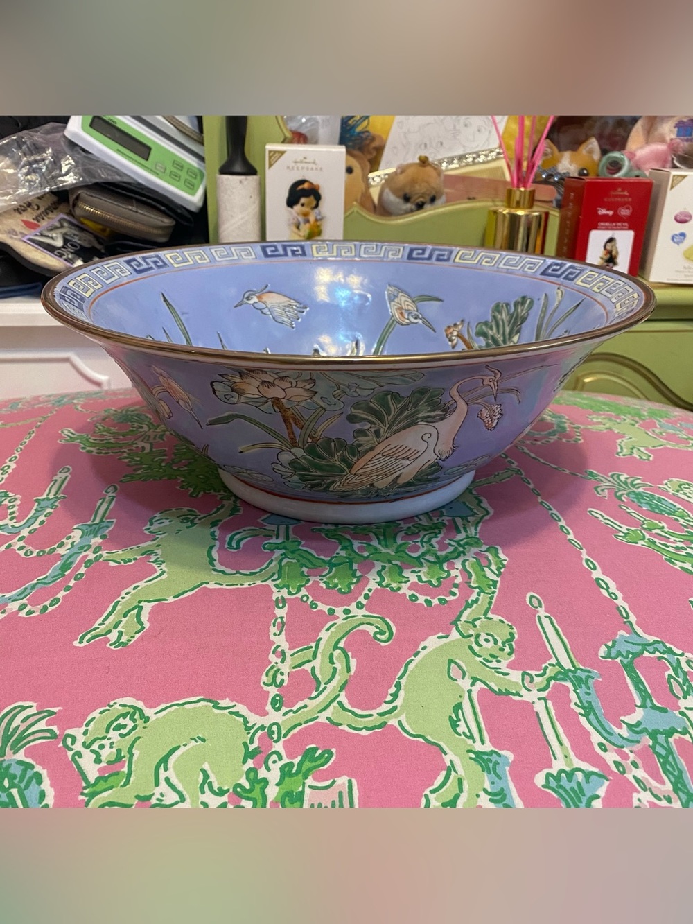 Vintage Blue Crane Floral Large Chinoiserie Chinese Stamped Bowl Macau